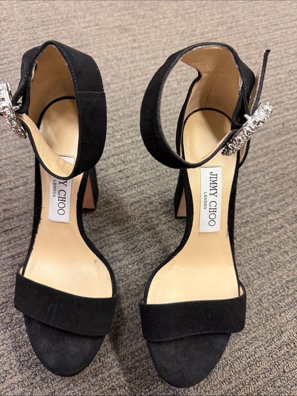 Jimmy Choo Black Suede Ankle-Strap Heels with Crystal Buckle Accent